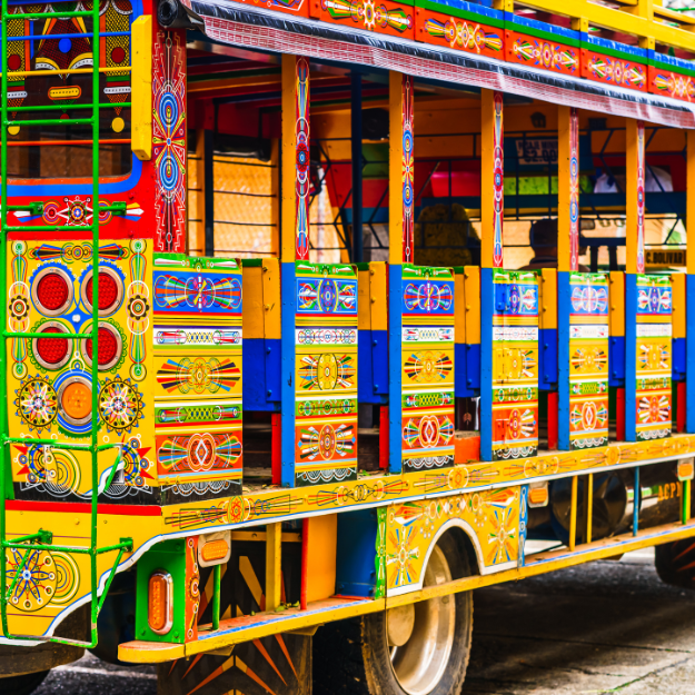 Typical colorful chicken bus near Jerico Antioquia, Colombia, South America